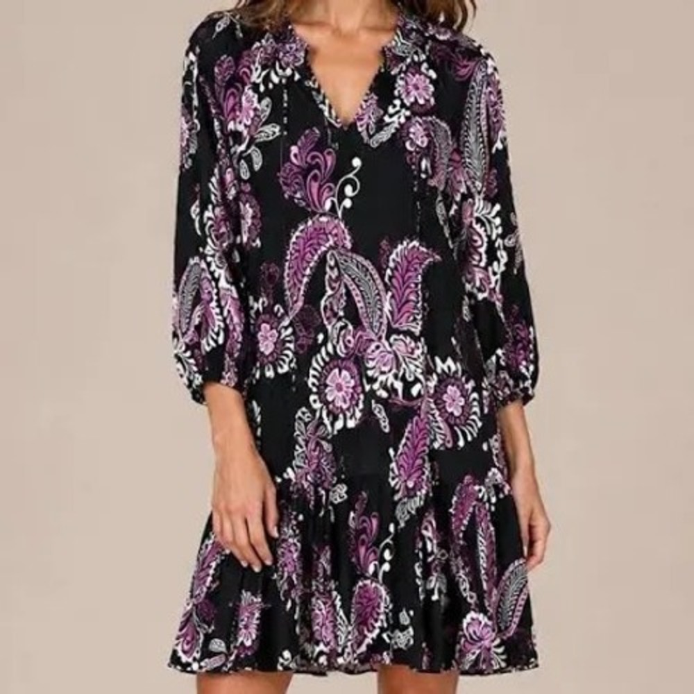 Johnny Was Workshop Melaney Paisley Tiered Tassel Silk Dress Black Pink M NWT